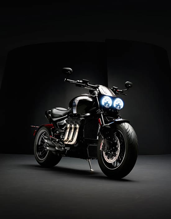 Triumph Rocket 3 TFC front three quarters featuring three header exhaust run